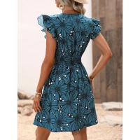Vestido estampado con cuello en V a la moda, Mini Vestidos con mangas de pétalo para mujer, vestido acampanado para fiesta de verano - details 7
