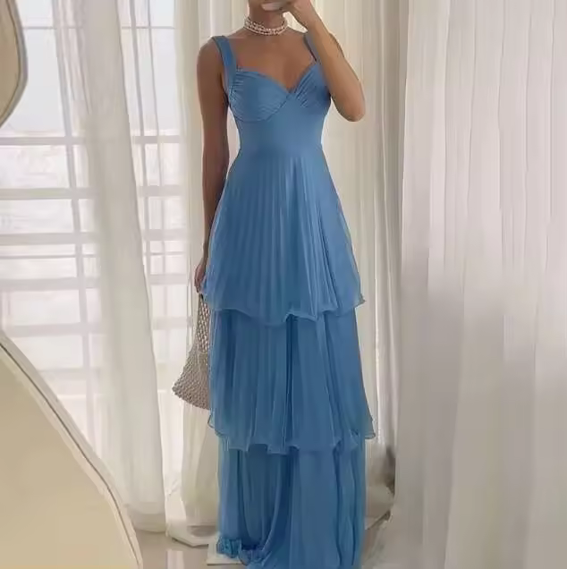 Con correas cansadas y temperamento de cintura alta para mujeres, vestido elegante estilo socialité de moda retro, color sólido - 1