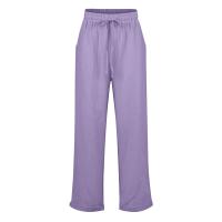 Pantalones holgados de nueve puntos de pierna ancha de algodón y lino de Color sólido con cintura elástica de verano para mujer - details 7