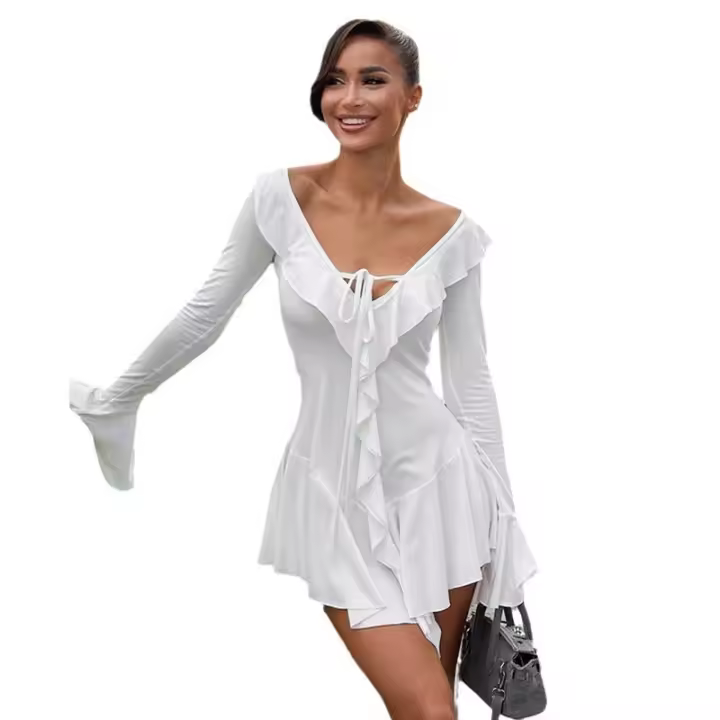 Vestido D24DS372 para mujer con volantes, cuello puntiagudo, tirantes y mangas acampanadas - 1
