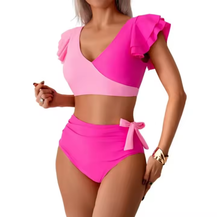 Conjunto de Traje de Baño para Mujer de Dos Piezas Sexy Bikini con Corte Curvo y Almohadilla para el Pecho Traje de Baño de Cintura Alta con Sujetador de Manga con Volantes - 1
