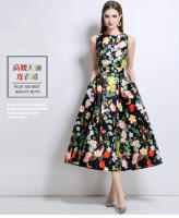 Vestido francés elegante de gama alta, sin mangas, cuello redondo, cintura estampada, adelgazante, corte en A, gran swing - details 0