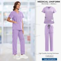 Ropa de trabajo, conjuntos de uniformes elásticos, uniforme de enfermera, uniforme médico para mujer, conjuntos de pantalones rectos de manga corta con cuello en V - details 9