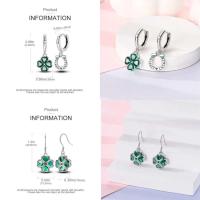 Pendientes colgantes de trébol de la suerte para mujer, plata pura, piedra Original, circón, herradura, verde de cuatro hojas, joyería de fiesta - details 13