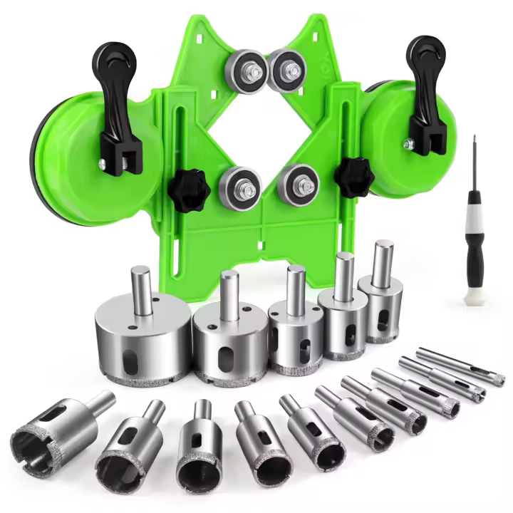 Kit de sierra de agujero de diamante, juego de brocas de 17 piezas con ventosas dobles, accesorio de plantilla de guía de 4mm-83mm, juego de brocas huecas - 1
