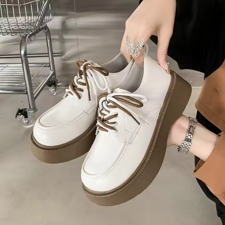 Nuevo estilo universitario con cordones dobles y cordones con falda pequeña, zapatos de plataforma de cuero, zapatos individuales. - 1