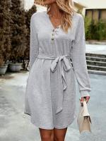 Vestido Corto de Crochet para Mujer Cuello en V, Color Sólido, Moda Casual, Prenda Única de Punto - details 18
