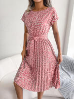 Spring Summer Women Short Sleeve Pleated Long Dress Elegant High Waist Floral Fashion A-line Dress - details 25