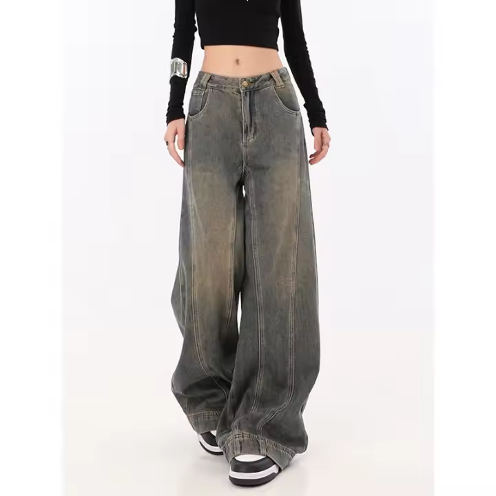 Pantalones vaqueros de cintura alta de gran tamaño para mujer, pantalón informal holgado de pierna ancha, estilo Retro americano, ropa de calle Grunge, pantalón vaquero - 1