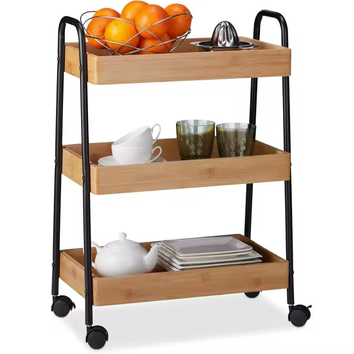 Camarera con 3 Repisas, Asas y Ruedas Giratorias 360º, Bambú, Acero y DM, Marrón y Negro, 70 x 49 x 28 cm, Tablero de Fibras - 1