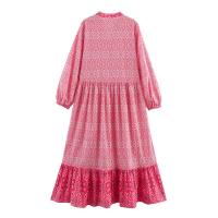 BUNO-2025 Vestido largo rosa de manga larga con estampado para mujer, cuello en V, diseño frontal con botones, dobladillo acampanado con volantes, estilo bohemio - details 1
