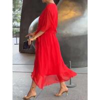 Vestido de verano para mujer, cuello en V, manga corta, plisado, Irregular, rojo, elegante, falda Midi negra para fiesta para mujer - details 4