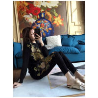 Traje de mujer con bordado de flores y fénix, suéter de punto con lentejuelas y cuentas, conjunto de pantalón lápiz de talla gra - details 2