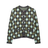 Otoño nuevo producto mujer Casual versátil patrón de diamante Jacquard manga larga cuello redondo tejido Cardigan abrigo - details 0