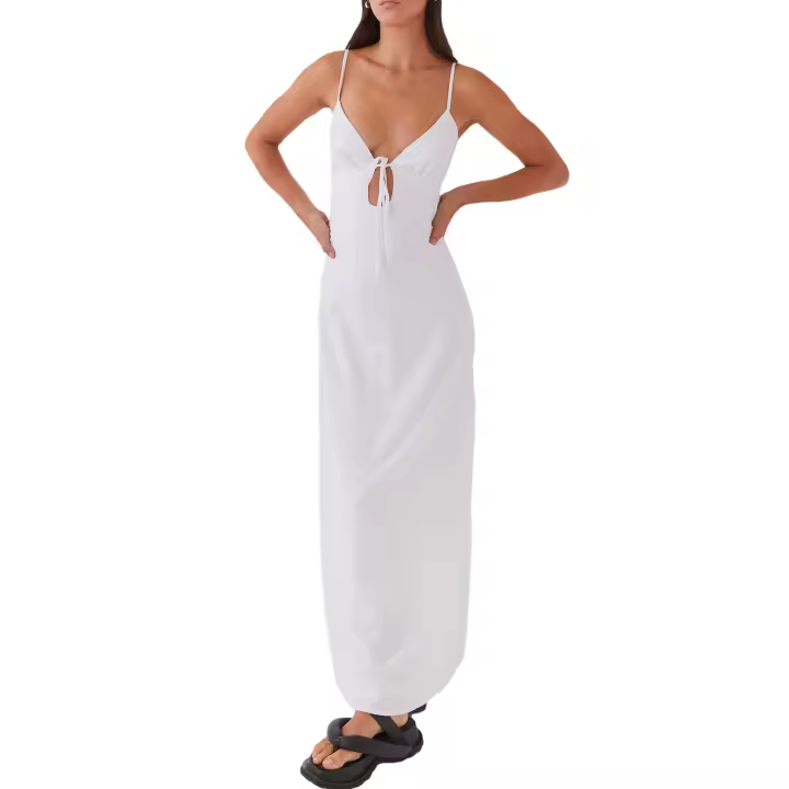 Maemukilabe Vestido largo Y2k con tirantes finos para mujer, cuello en V, lazo frontal, vestido largo sin mangas, sin espalda, vestido de fiesta y boda - 1