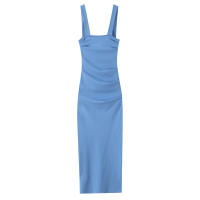 Ropa de mujer europea y americana plisada decorativa Midi vestido delgado azul - details 2