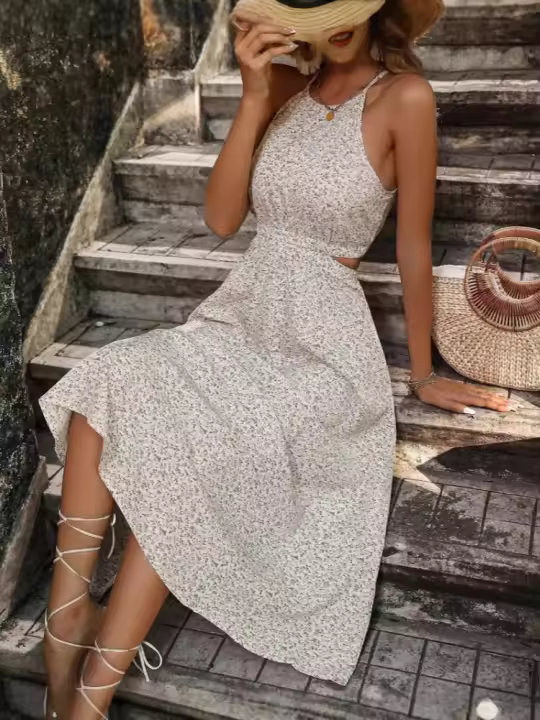 Vestido sin mangas con cintura hueca, estampado floral, elegante, cuello semialto - 1