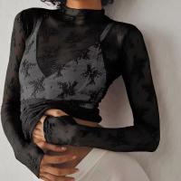 Camiseta transparente con agujero para el pulgar de encaje floral para mujer, camiseta de manga larga con cuello simulado de moda, top de mujer para uso diario - details 0