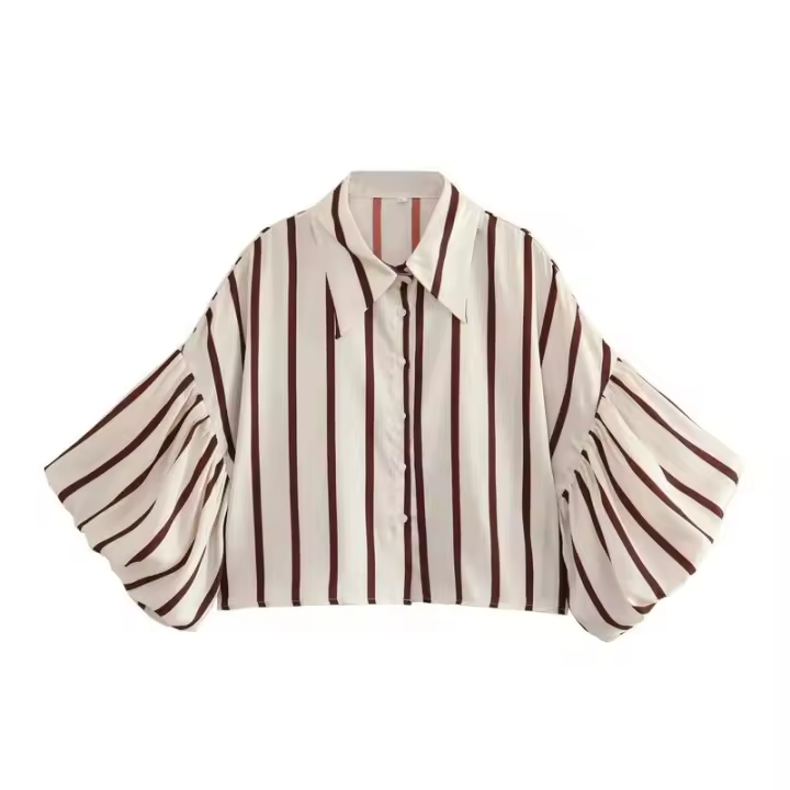 OUWU- Camisa Holgada A Rayas Con Manga De Burbuja Para Mujer, Gran Oferta De Temporada, Nuevo Estilo, Informal, Cuello Tipo Polo, Manga Corta, Top De Moda - 1