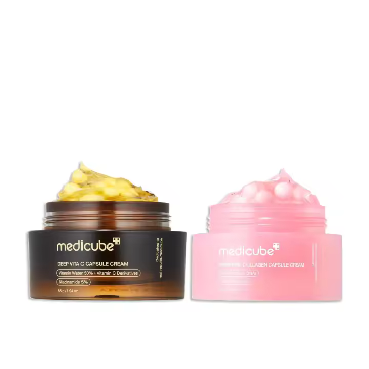 medicube Duo piel desigual y firme: crema hidratante facial dorada con vitamina C profunda y crema en cápsula de colágeno rosa PDRN con ADN de salmón - 1