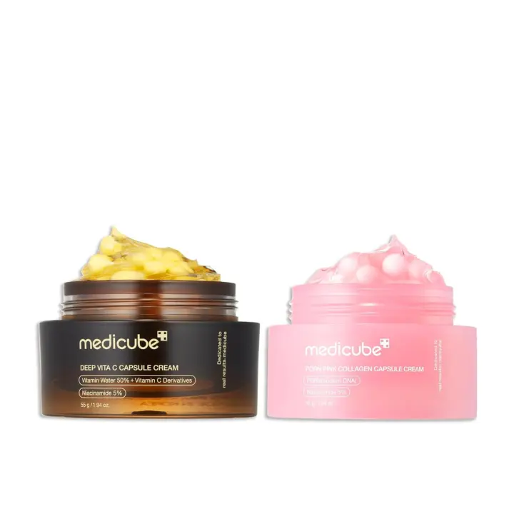 medicube Duo piel desigual y firme: crema hidratante facial dorada con vitamina C profunda y crema en cápsula de colágeno rosa PDRN con ADN de salmón - 1
