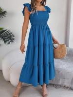 Escote cuadrado de verano con mangas anchas y pliegues, vestido informal de algodón transpirable para playa o uso diario, estilo bohemio - details 9