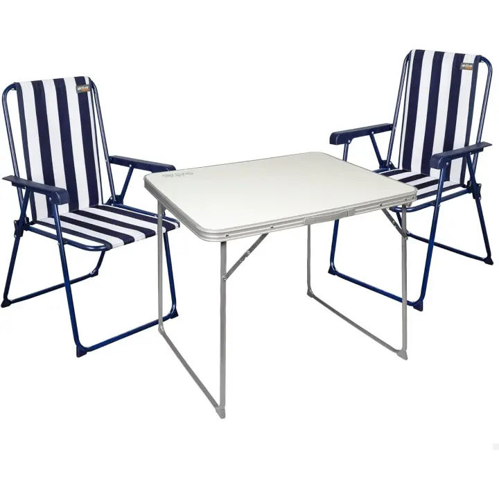 mesa camping, Mesa plegable portátil camping, Silla de camping resistente, mesa blanca 80x60x70 cm, 2 sillas 54x53x40 cm, color azul y blanco, Aktive Camping - 1