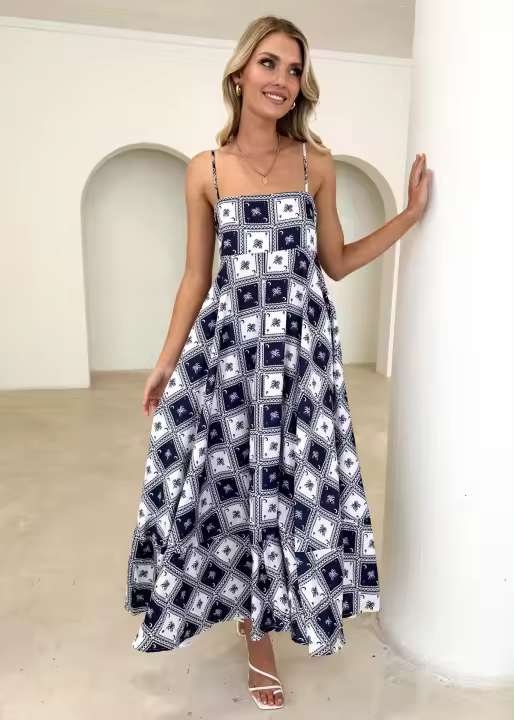 Vestido largo floral con tirantes finos bohemios sin mangas con cuello cuadrado informal de verano para mujer - 1