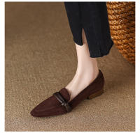 Zapatos individuales mate con punta en punta para mujer, tacones bajos que combinan con todo, color marrón, estilo retro - details 4
