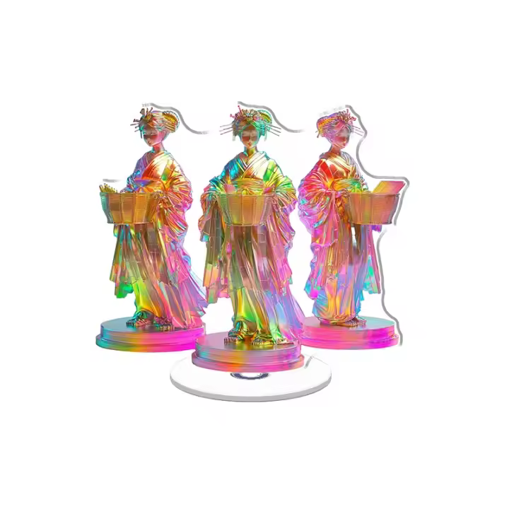 La pantalla acrílica giratoria presenta tres geishas de neón en kimonos vibrantes con patrones cambiantes sobre un fondo blanco puro, que muestra rollos de datos brillantes. - 1