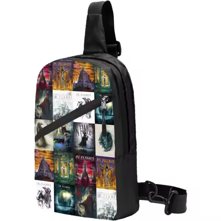 BOLSO NEGRO Mochila de hombro multifuncional plegable Mochila de viaje NEGRO Bolso de pecho adecuado para senderismo y ciclismo Rock Flames Band - 1