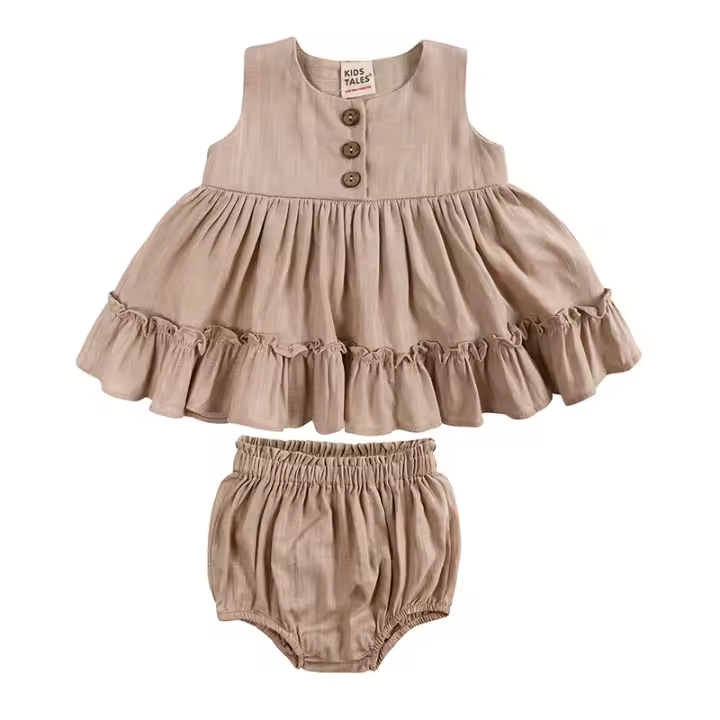 Vestido de Verano para Niñas de Algodón y Lino Falda Princesa con Volantes y Forro de Hoja - 1