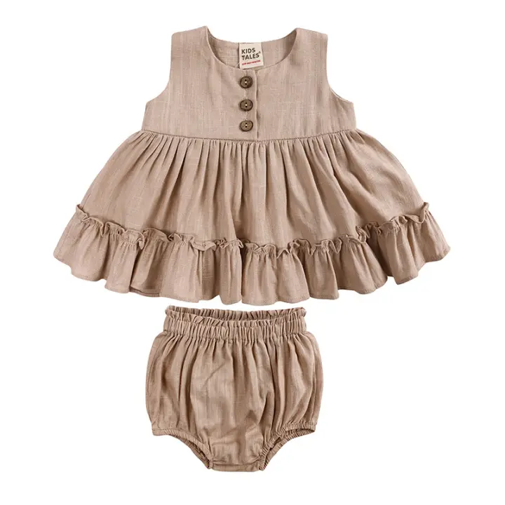 Vestido de Verano para Niñas de Algodón y Lino Falda Princesa con Volantes y Forro de Hoja - 1