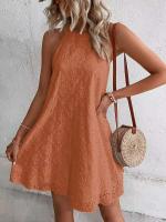 Nuevo vestido midi de mujer informal de verano de algodón y poliéster con cuello redondo y botones sin mangas de Color sólido de encaje - details 5