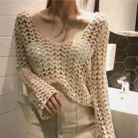 Top de punto bordado con corazón de crochet de manga larga transparente para mujer, suéter bohemio, trío de playa de verano - details 0