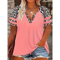Camiseta de manga corta con estampado floral de leopardo y corte holgado informal para mujer de talla grande |     Top de verano de gran tamaño - details 7