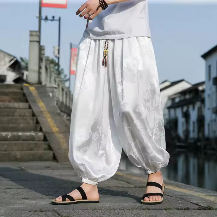Pantalones Casuales de Alta Calidad para Hombres Marca Lce Seda Dragón Flor Oscura - 1