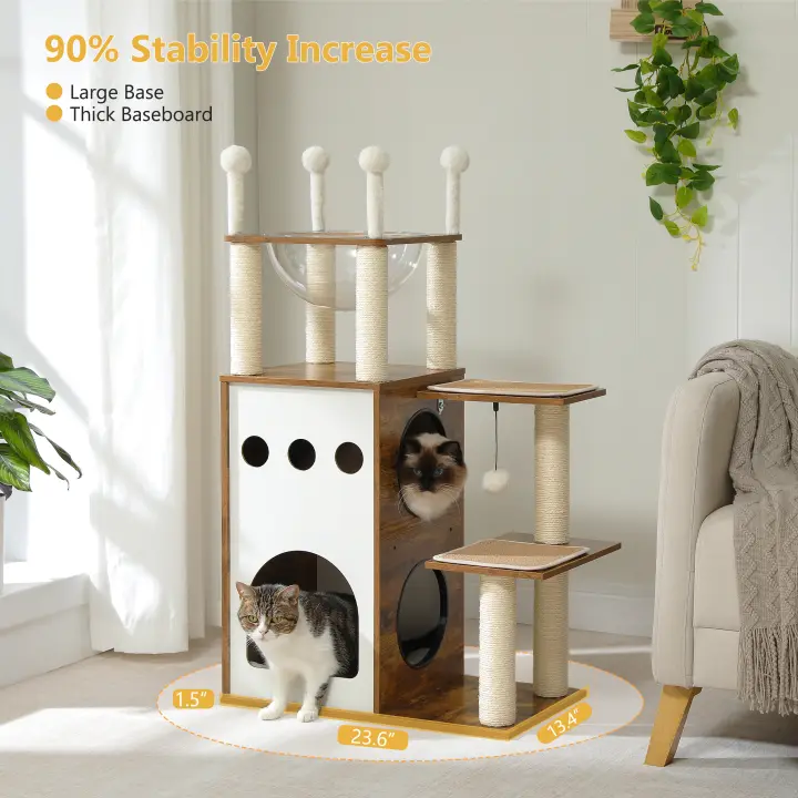 Árbol de madera para gatos, rascador para uso en interiores con poste rascador, accesorios para gatos y condominio - 1