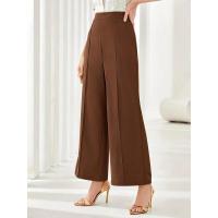 Pantalones de vestir coreanos elásticos cómodos y elegantes de cintura alta anchos de pierna recta marrón para mujer - details 2