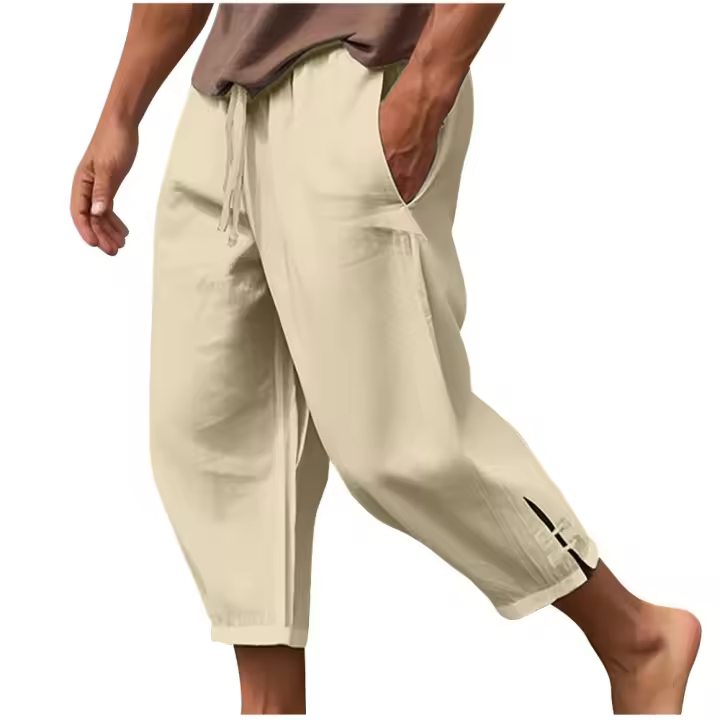 Pantalones capri de lino ligeros, ajuste holgado, cintura elástica, estilo playero casual para hombres - 1