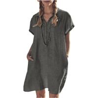 L-5XL de algodón y lino para mujer, vestido holgado de manga corta con botones y bolsillos de solapa, Color liso, talla grande, Verano - details 5