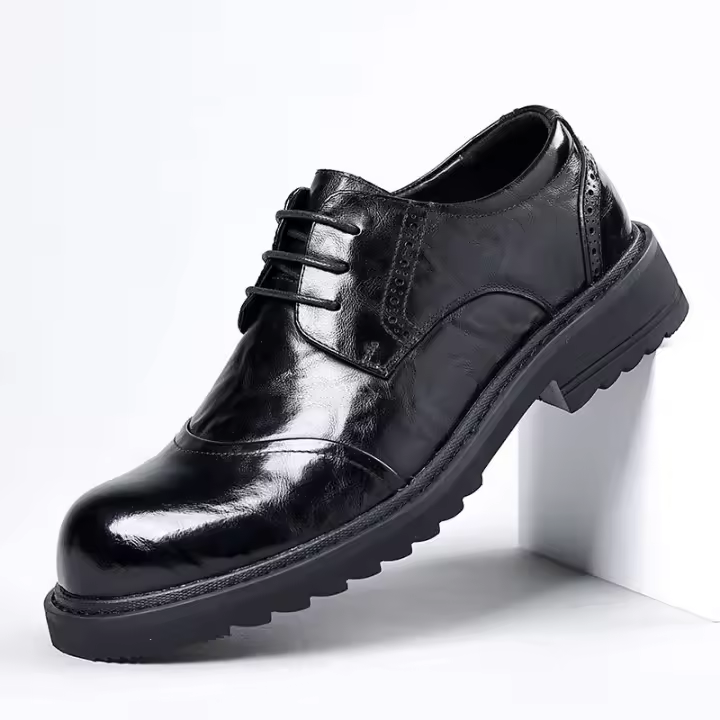 Zapatos de cuero de cabeza grande de suela gruesa zapatos casuales de negocios para hombres zapatos derby de piel de vaca de primera capa británicos zapatos de cuero para hombres rayados a mano - 1