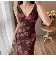 Vestido floral francés para mujer, nuevo diseño de verano, temperamento sin mangas, cintura alta adelgazante, falda larga de cola de pez - details 2