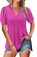 Camiseta informal de verano 2025 con cuello en V y manga de burbuja doblada - details 4