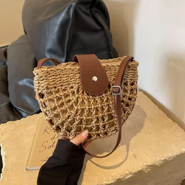 Bolso tejido de paja Retro de verano para mujer, bolso de playa para vacaciones en la playa, bolso de hombro tipo bandolera, bolso tejido para sillín de axila - 1
