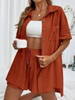 Conjunto de camisa de dos piezas de color sólido con pantalones cortos de moda para mujer, informal, suelto, manga corta, una sola fila - details 26
