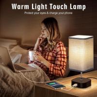 Lámpara de noche con pantalla táctil con puertos USB C+A para carga, regulable en 3 vías, lámpara de mesa moderna, pantalla de tela gris (2 Piezas, Pantalla de Gris) - details 5