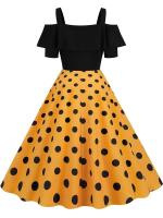 Vestido de fiesta Vintage elegante con hombros descubiertos, vestidos Midi de línea A con volantes y lunares de verano para mujer - details 7
