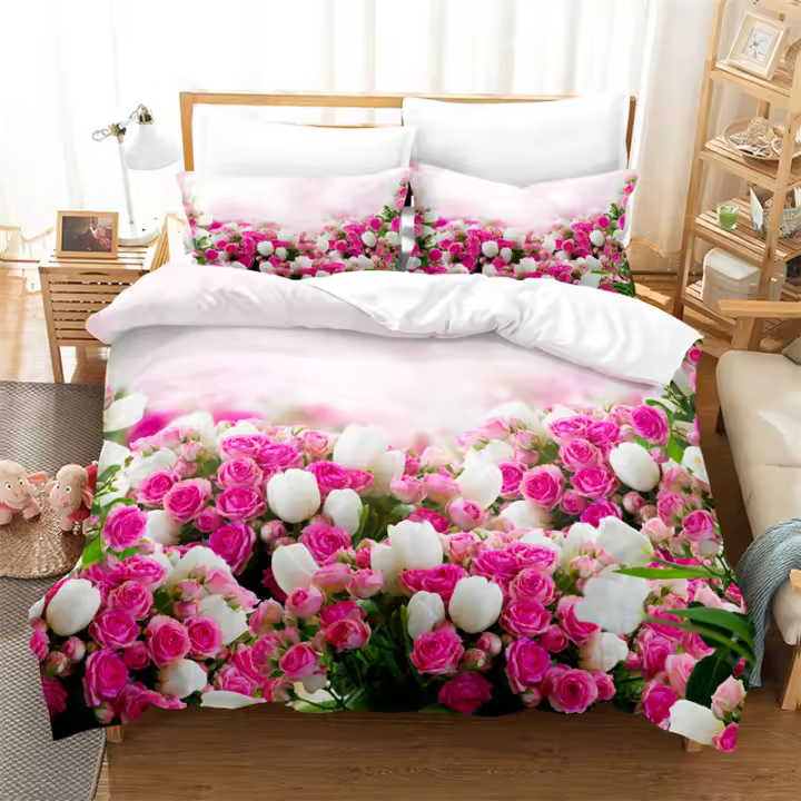 Juego de ropa de cama con hermosas flores, funda nórdica 3D, ropa de cama con impresión digital, tamaño King/Queen, diseño moderno para niñas - 1