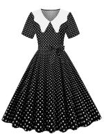 Vestido midi elegante informal para mujer con lunares, cuello Peter Pan, cintura alta y corte en A - details 9